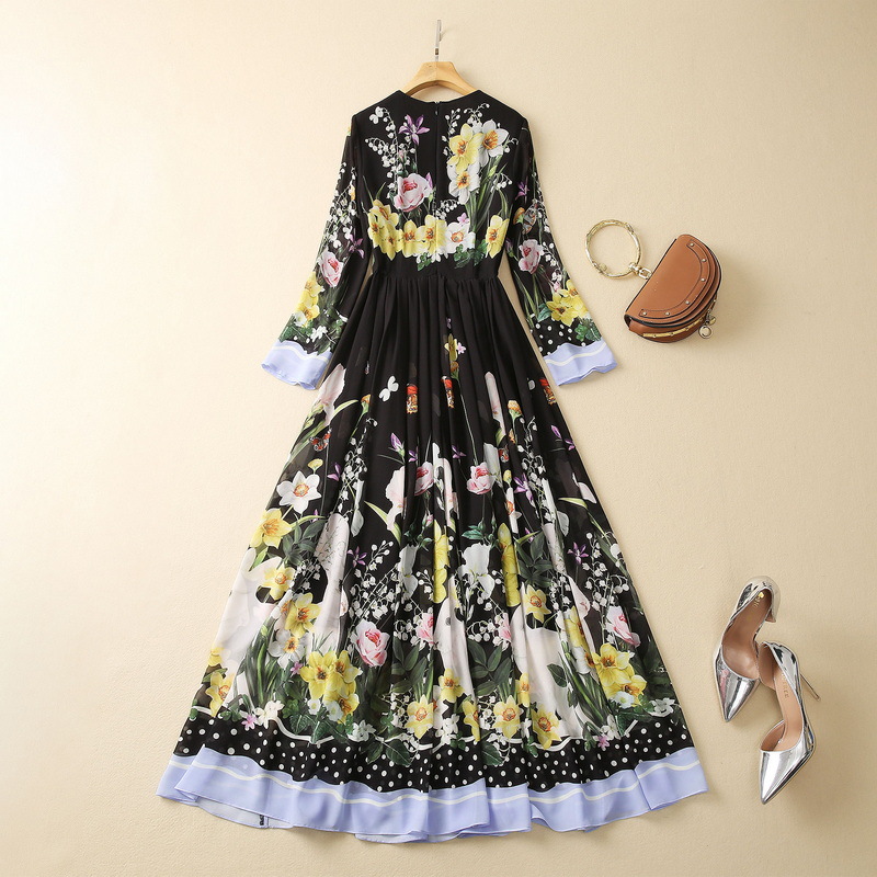 2023 Spring Black Floral Rabbit Panel Paneled Chiffon Dress 4/5 långärmad rund hals Midi Casual Dresses S3F131624 Plus Size XXL