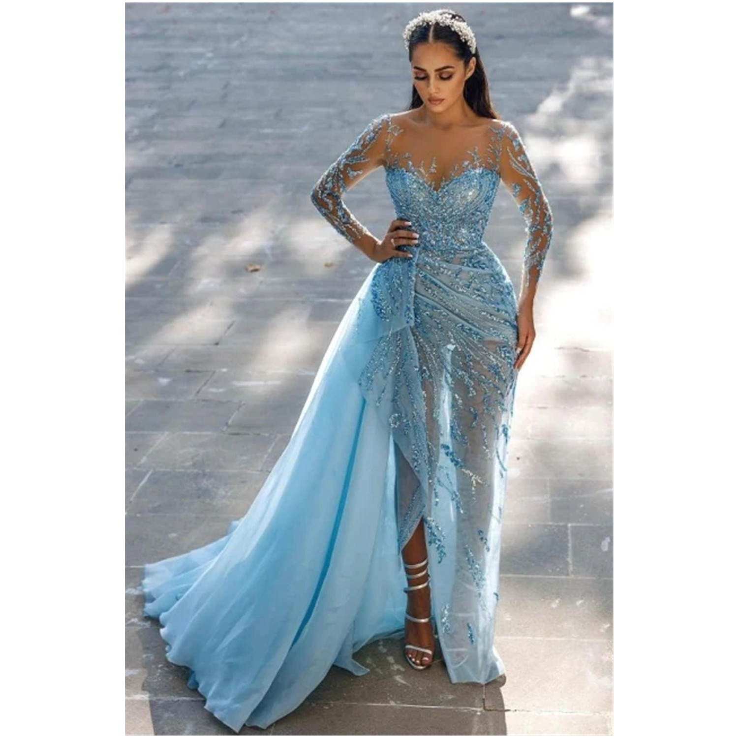 Split Evening Dresses Long Sleeve Plunging Neckline Beaded Sequins Mermaid Formal Evening Gowns Detachable Train Crystal Prom Dresses