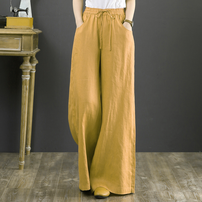 Pantalones de lino y algodón para mujer, pantalón holgado Vintage de pierna ancha con cordón, ropa femenina, pantalón largo de verano