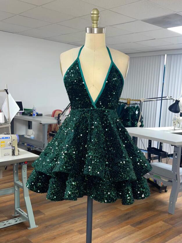 Подростки Gillter Sequin Promply Prompes Emerald Green Spaghetti Braps Spistly Blackless Tought Short Homecoming Коктейль -платье платья