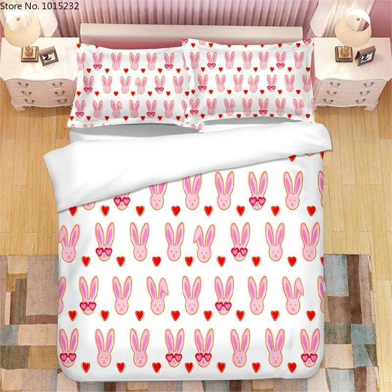寝具セットピンクローラーウサギ 3D プリント寝具セット布団カバーケース掛け布団寝具セット寝具ベッドリネン T230217