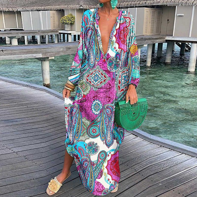 Casual Dresses 2023 Women Boho Print Loose Beach Dress Elegant Deep V-Neck Maxi Dress Ladies Sexy Long Sleeve Oversized Dresses Robe Longue L230217