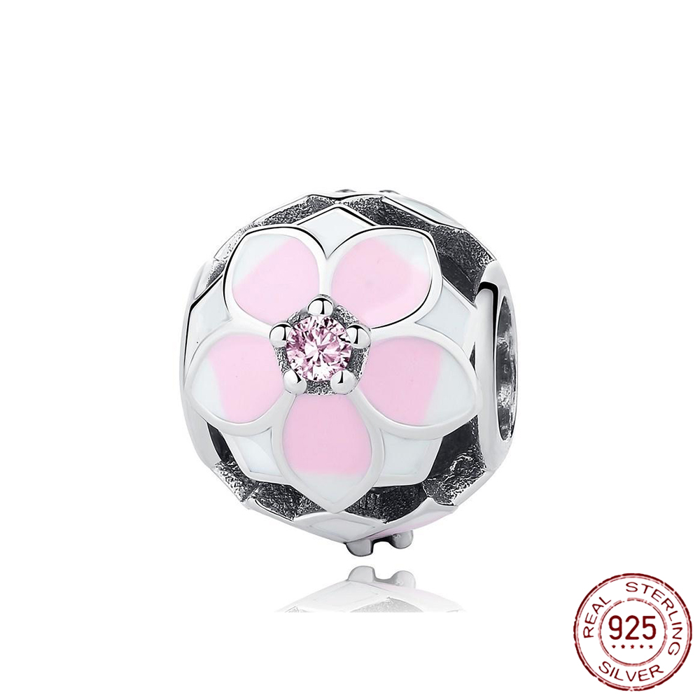 925 Sterling Silver New Fashion Women Ciondolo, perle a forma di cuore rosa, fiori, palloncini, amore, compatibile con il braccialetto Pandora originale, gioielli fatti a mano