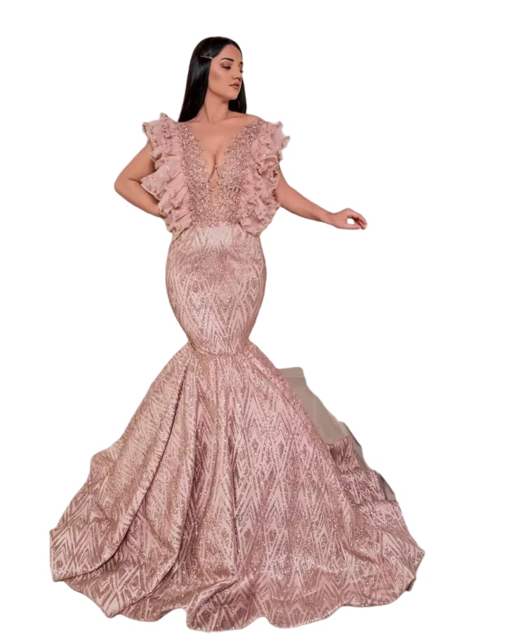 Árabe Aso Ebi sirena vestidos para ocasiones de noche 2023 oro rosa volantes cuello en V Gillter lentejuelas con cuentas vestido de graduación Abendkleid