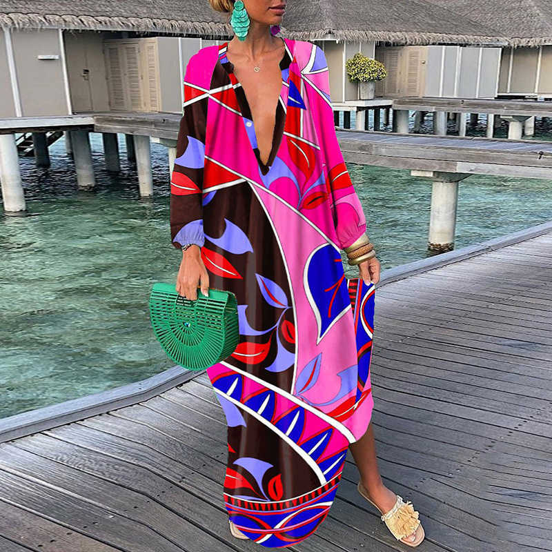 Casual Dresses 2023 Women Boho Print Loose Beach Dress Elegant Deep V-Neck Maxi Dress Ladies Sexy Long Sleeve Oversized Dresses Robe Longue L230217