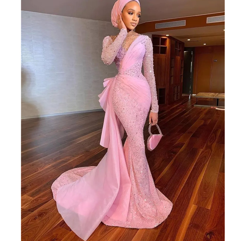 Pink Sexy Mermaid Prom Dresses Sparkly Crystal Beaded Scoop Neck Long Sleeve Evening Gowns Arabic Special Occasion Dress Wear