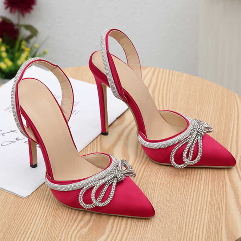 Chaussures habillées femmes pompes 2022 mariage talons hauts rouge dames sandale été Sexy strass chaussures pour femmes papillon-noeud femme diapositives L230216