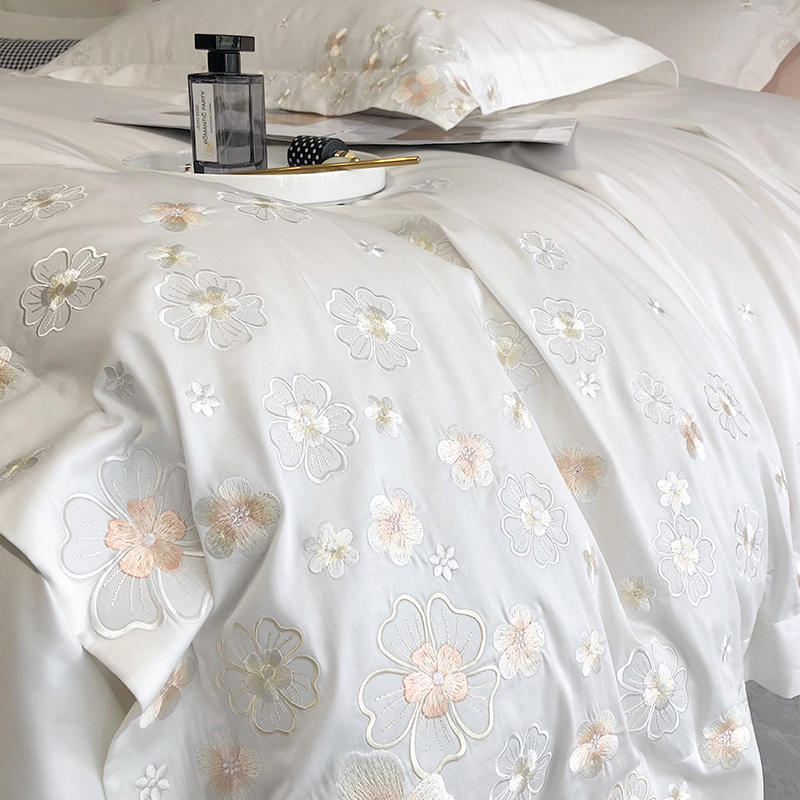 New 1000TC Egyptian Cotton Flowers Embroidery White/Pink Bedding Set Luxury Queen King Size Solid Color Soft Duvet Cover Bed Sheet Pillowcase Home Textile