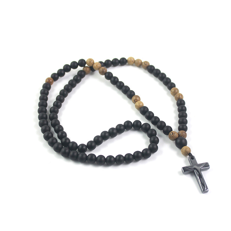 8mm Hematite Wood Beaded Necklaces Matte Black Agate Necklace Long Sweater Chain 