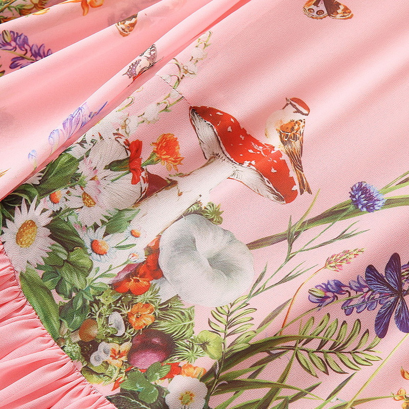 2023 Spring Pink Rabbit Floral Print Painel Painel Dress Dress de manga comprida Redonda de cola redonda Midi Casual Vestres S3f161938