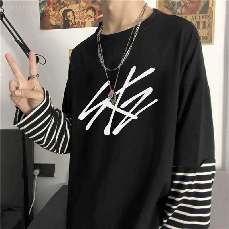 T-shirt da uomo 2022 Hot StrayKids Lettera Fake Two Pieces Manica lunga Estate Y2k Tees Harajuku Kawaii Stray Bambini T-shirt oversize coreane L230217