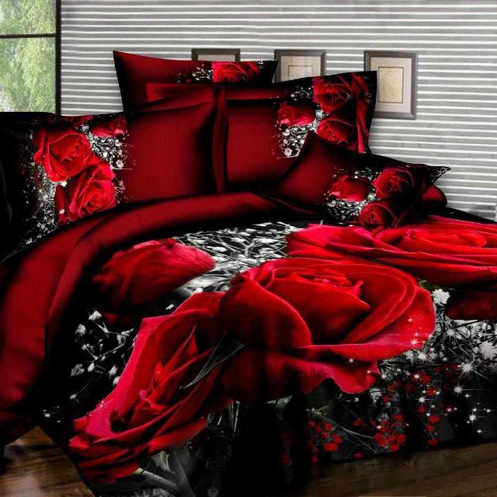 Yatak Setleri 3D Yatak Çizgisi Keten Kılıf Kapağı Ev Yatak Seti Kılıf Kırmızı Gül Çiçek Yatak Seti Çift İkiz Kral Tekstil