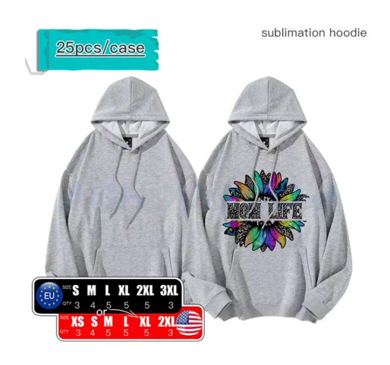 entrepôt local Sublimation sweat à capuche gris blanc sweat-shirts à manches longues transfert de chaleur chemises vierges 95% polyester T-shirts taille mxi