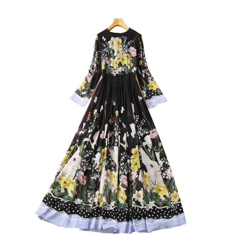 2023 Spring Black Floral Rabbit Panel Paneled Chiffon Dress 4/5 långärmad rund hals Midi Casual Dresses S3F131624 Plus Size XXL