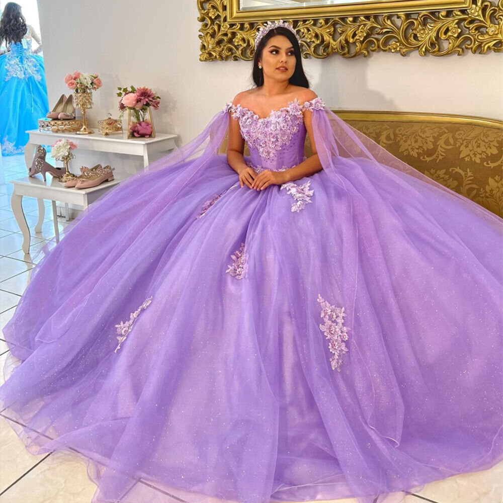 Leylak Lavanta Quinceanera Elbiseler 2023 3D Florals Puffy Vestidos Paraxv Anos 15 Yıllık Balo Elbisesi Prenses Doğum Günü Partisi Elbise Zarif Kadınlar Tatlı 16 Önlük