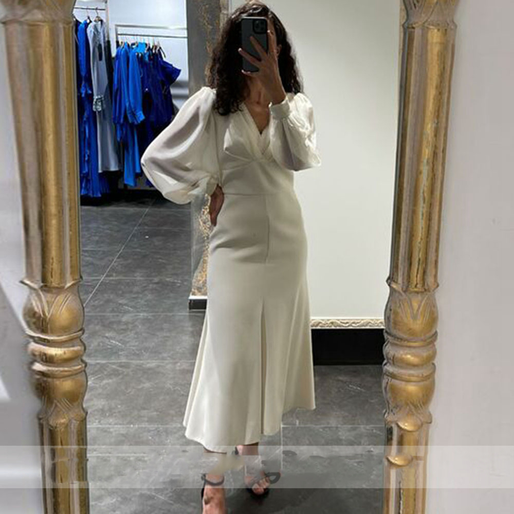 Robe de soirée de forme sirène, en mousseline de soie, blanche, Simple, longueur thé, manches longues bouffantes, décolleté en V profond, fermeture éclair au dos, 2023