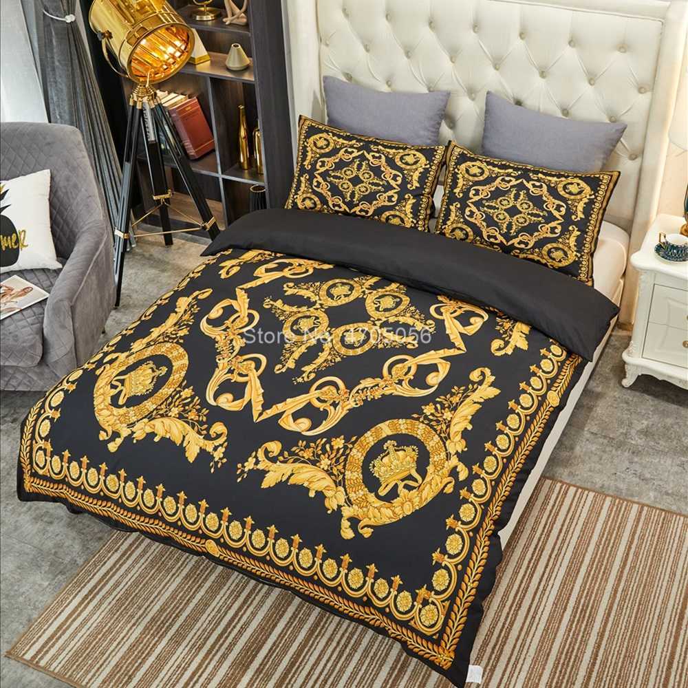 Sängkläder sätter upp europeisk stil lyxig svart guld barock stil sängkläder set mjukt mysigt quilt täck fodral 3 st täck täcken sängkläder