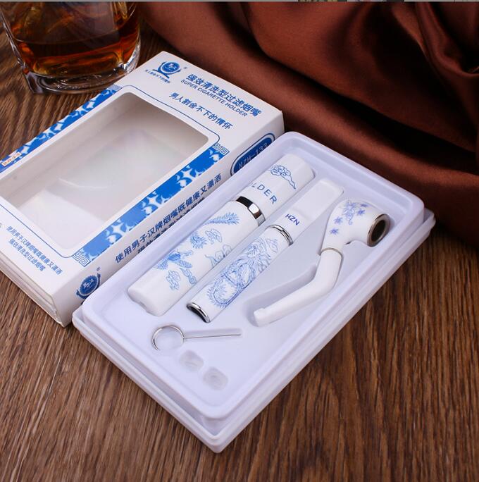 Chinese style pipe gift box Blue and white porcelain cleaning type cycle filter cigarette holder pipe