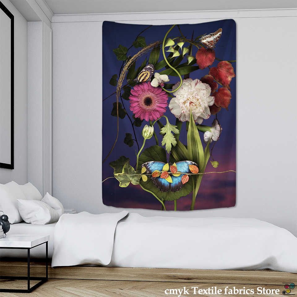 Tapestries Gerbera Tapestry Wall Hanging Black Background Cloth Boho Psychedelic Witchcraft Hippie Tapiz Aesthetic Home Decor