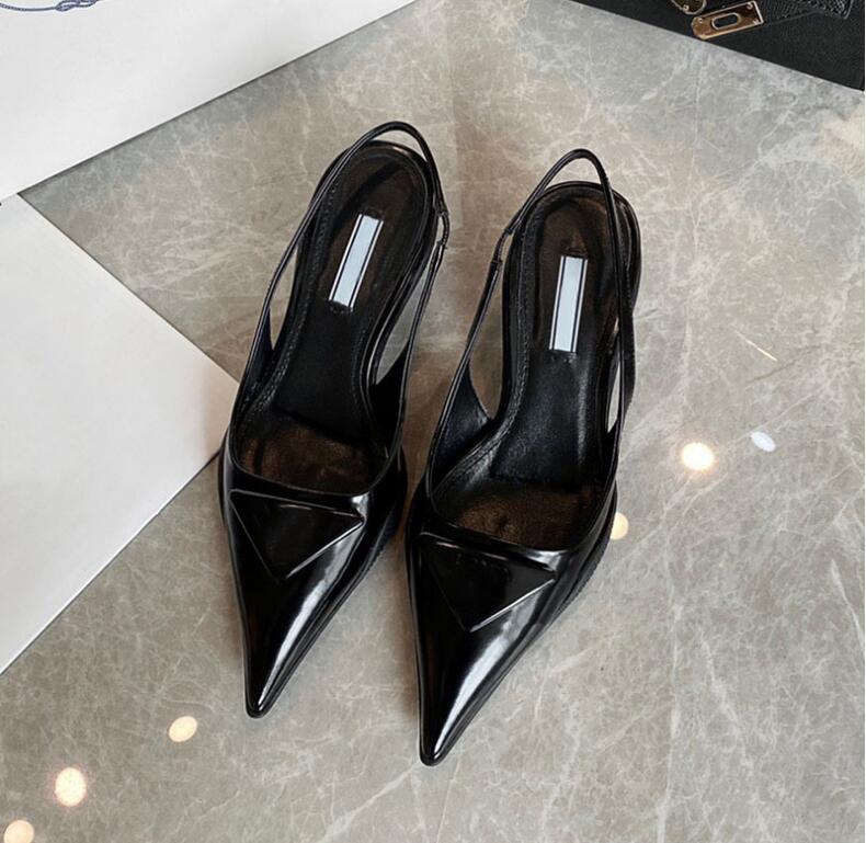 2023 Дизайнерские сандалии Остроконечные туфли на высоком каблуке P Triangle 3,5 см 7,5 см Сандалии на каблуках для женщин Черные белые розовые синие свадебные туфли с мешком для пыли 35-40 без коробки