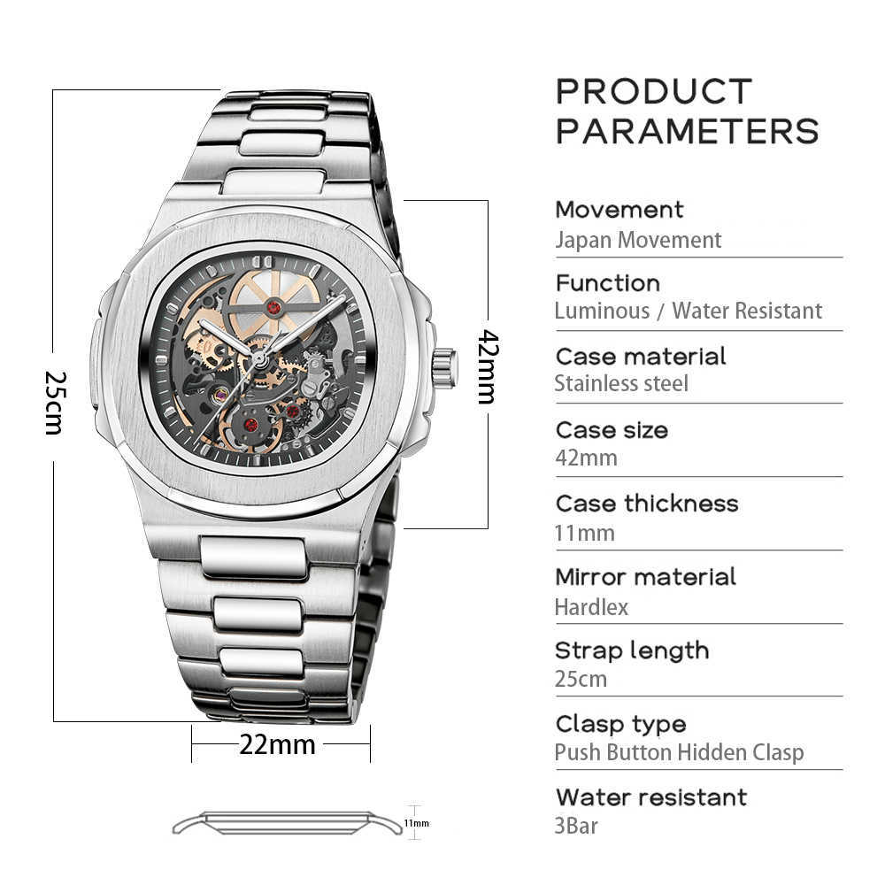 Montre-bracelet réserve de marche montres mécaniques hommes squelette en acier inoxydable puissant automatique carré étanche horloge à main nouveau