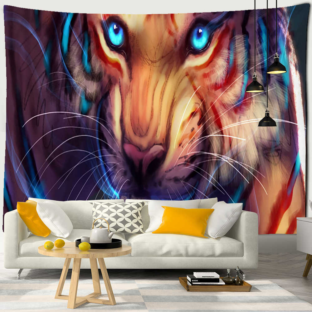 Tapisserier Ferocious Tiger Tapestry Wall Hanging Hippie Tapiz Boho Style Psychedelic Art Dormitory Wall Bakgrund Dekor Tyg