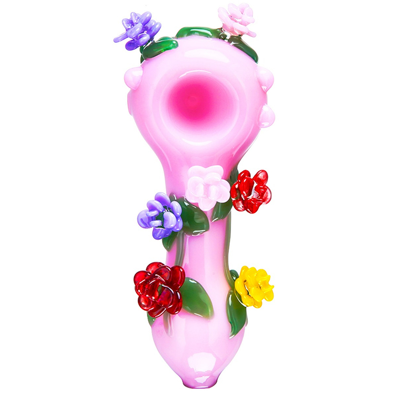 Kleurrijke Roze Girly Bloemen Pyrex Dikke Glazen Pijpen Droog Kruid Tabak Lepel Kom Filter Olieplatforms Handpijpen Handgemaakte Draagbare Waterpijp Roken Sigarettenhouder Buis DHL