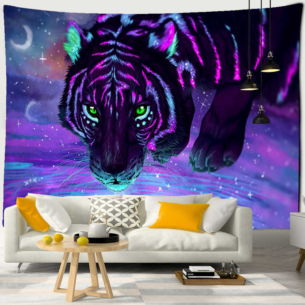 Tapisserier Ferocious Tiger Tapestry Wall Hanging Hippie Tapiz Boho Style Psychedelic Art Dormitory Wall Bakgrund Dekor Tyg