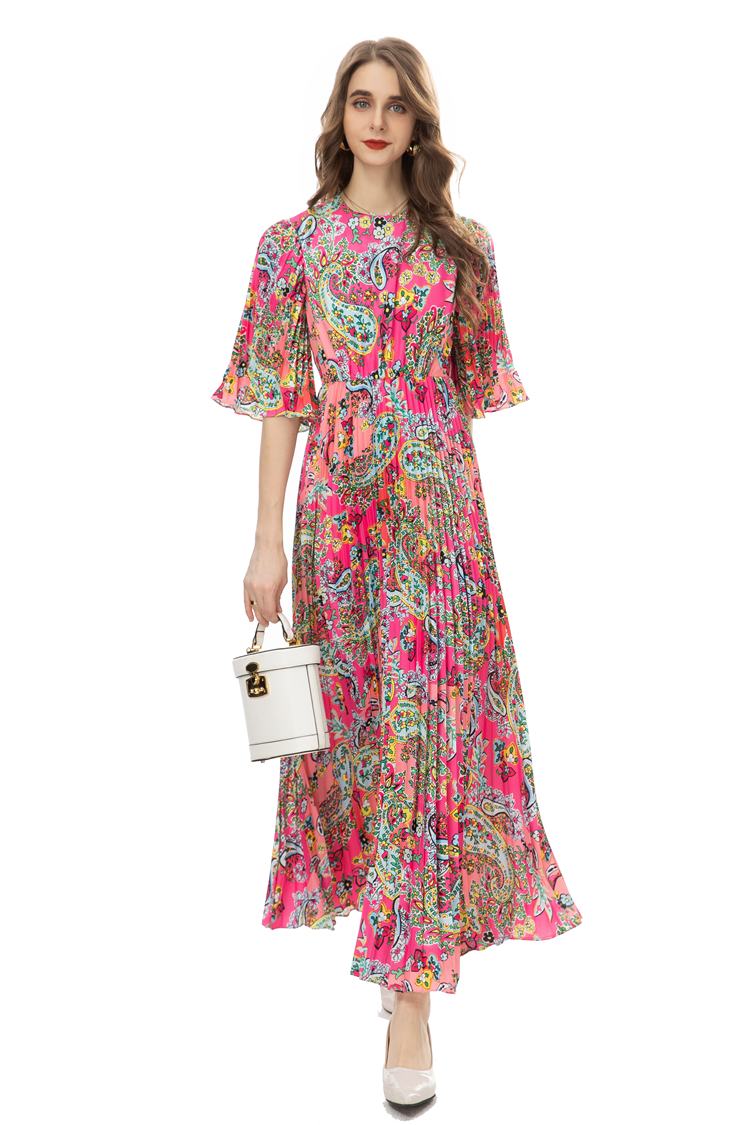 Robes de défilé pour femmes col rond manches 3/4 plissé imprimé floral élégant mode robes de bal