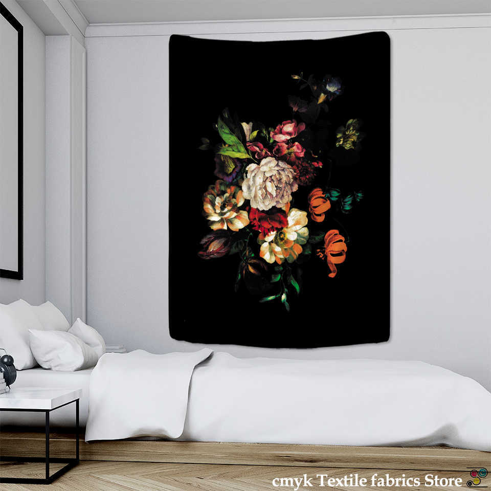 Tapestries Gerbera Tapestry Wall Hanging Black Background Cloth Boho Witchcraft Hippie Tapiz Decor