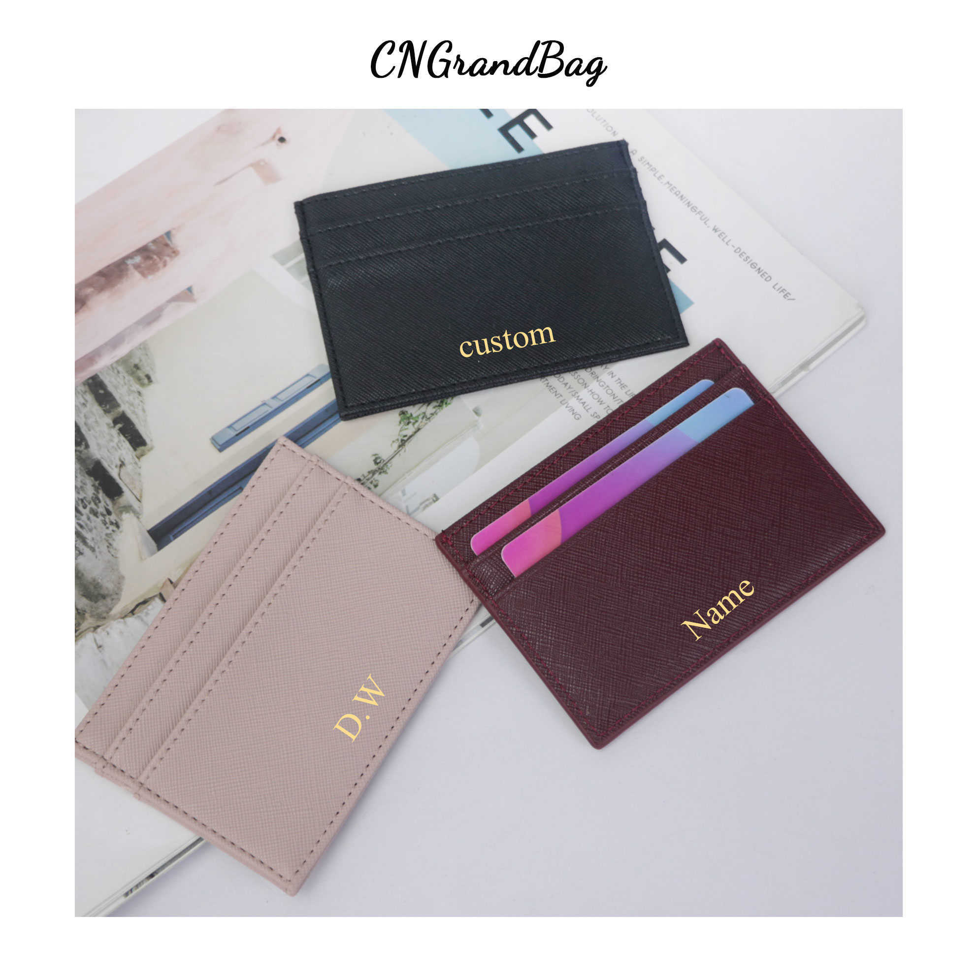 High Quality Wholesale Card Holders Dropshipping Slim RFID Blocking Wallet Saffiano PU Leather Credit Card Holder Custom Initial Letters ID Card Case Gift Cheap