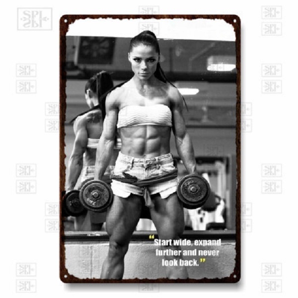 Sexy Muscle Girl Art Painting Placas de impressão de metal Motivação da academia Fitness Metal Posters Pub Bar Sign Man Cave Decoração de parede de metal Plaques Sinais de tamanho 30x20cm W02