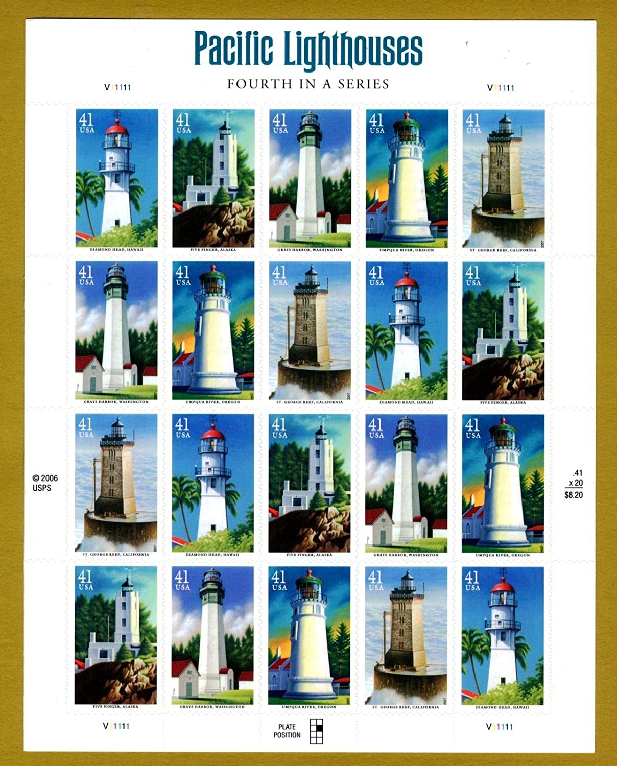 ミッドアトランティック灯台シート20の永遠の米国郵政公開スコット5621-25