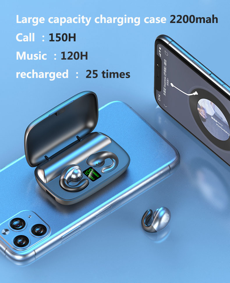 Fone de ouvido sem fio Condu￧￣o ￳ssea LED Bluetooth LED Display Earhook Hi-Fi fone de jogo de jogo de 2200mAh CARGA APLA Apple Samsung Mobile Power Bank