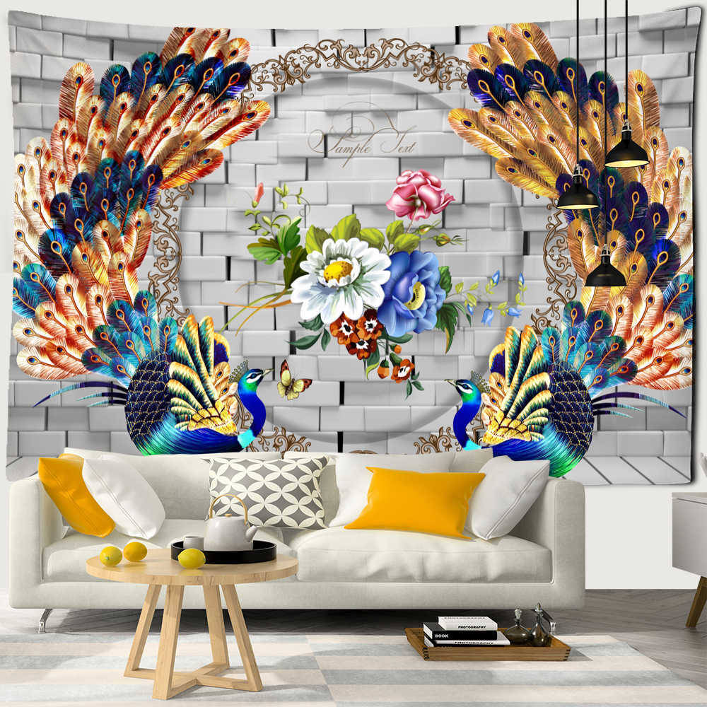 Tapestries Blue Peacock Mural Tapestry Wall Hanging Bohemian Psychedelic Animals Marble Painting Simple Aesthetic Home Decor