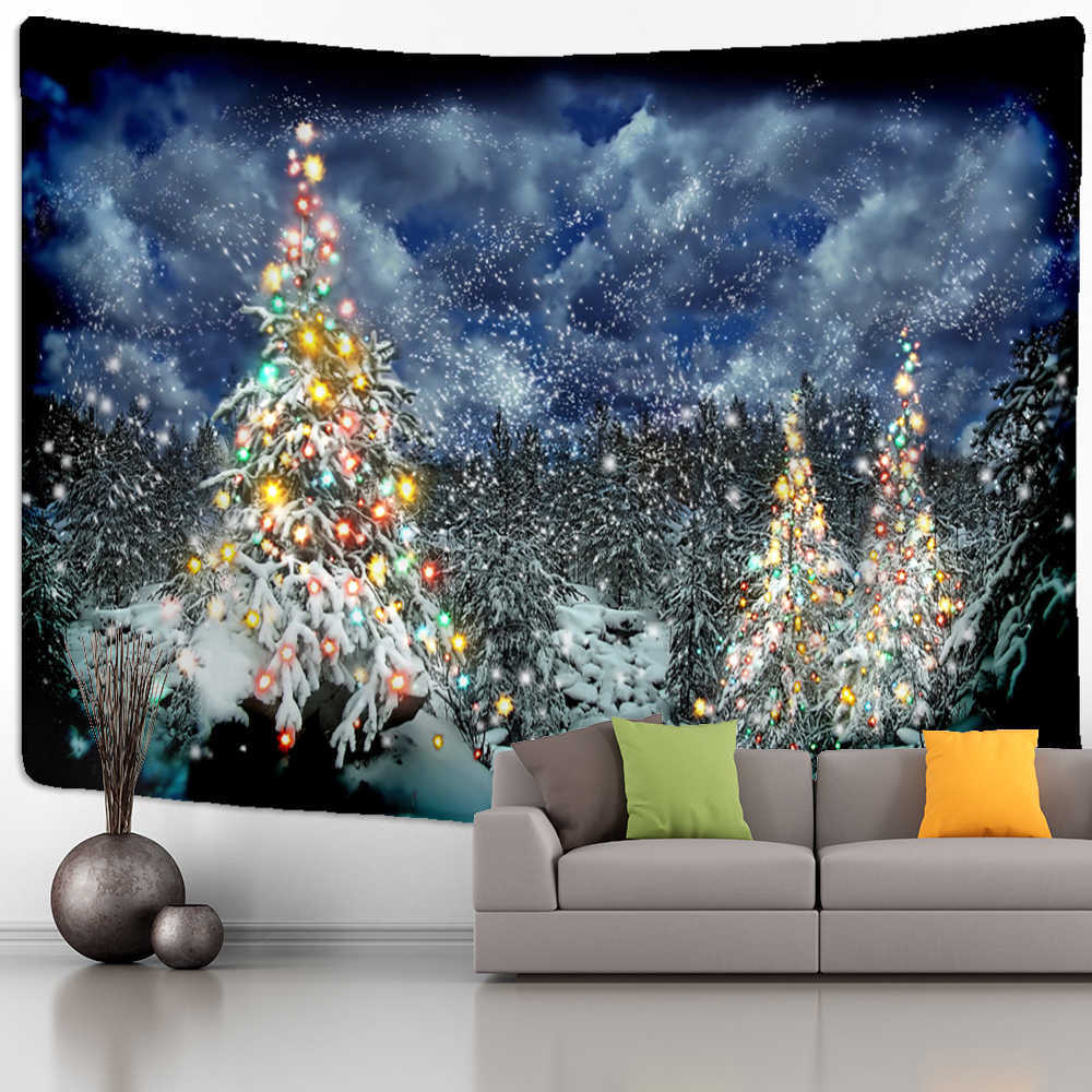 Tapisseries Arbre de Noël Bonhomme de neige Tapisserie Tenture murale Scène de neige naturelle Dessin animé Peinture à l'huile Esthétique Chambre Hippie Décor à la maison