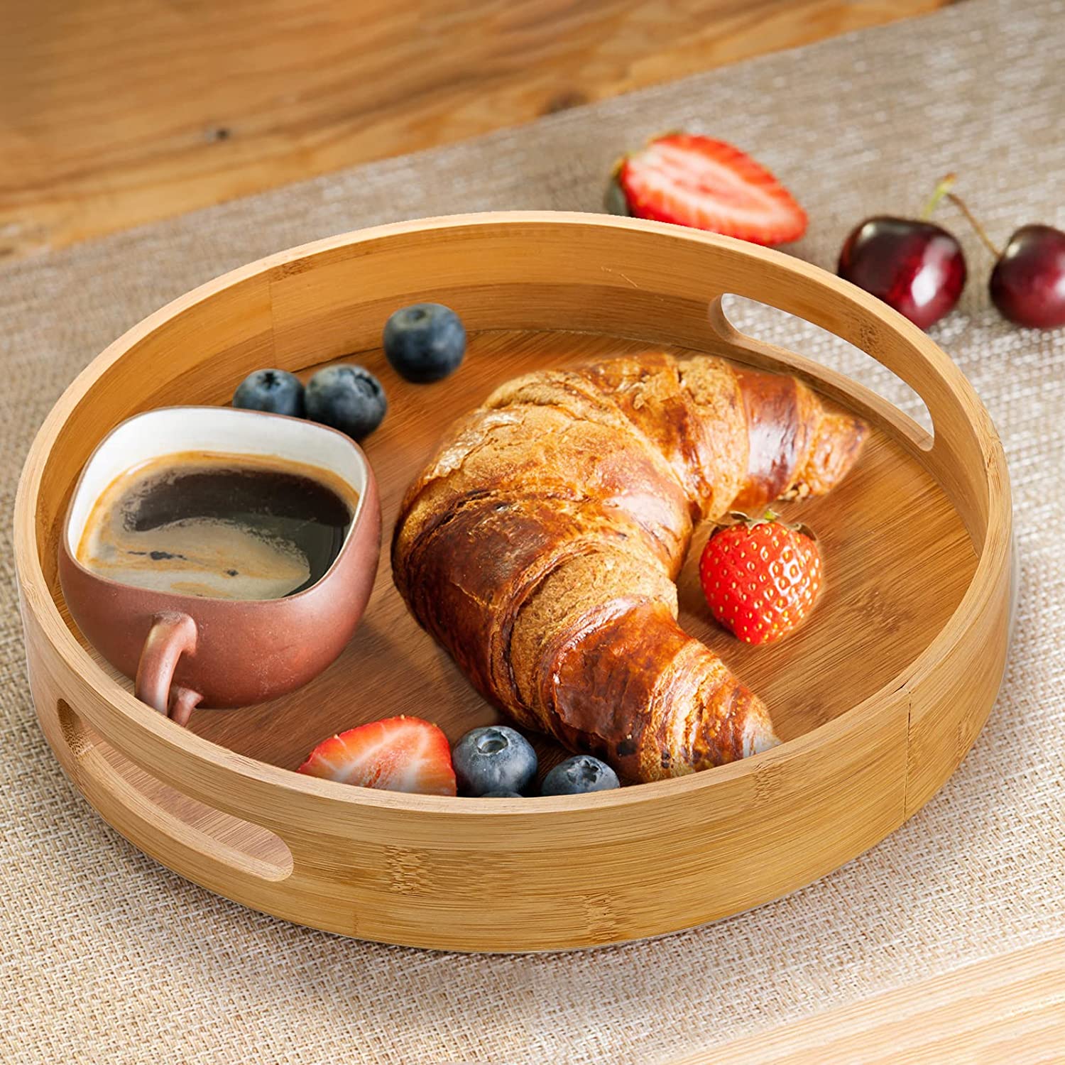 Bamboo Serving Tray with Handles Round Shallow Bamboo Tray, Natural Bamboo Wood Decorative Rustic Trays for Coffee Table