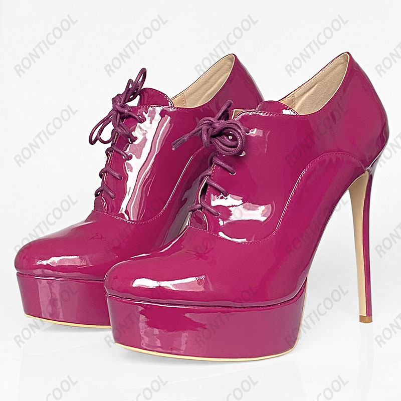 Ronticool Scarpe da donna fatte a mano a molla Tacco a spillo in pelle verniciata Punta tonda Pretty Red Pink Blue Party Shoes US Plus Size 5-20