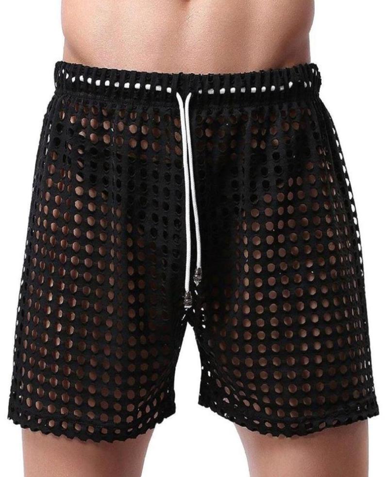 Mens Sexiga shorts ihåliga öppetwork dragstring lounge Underwear Boxer Yoga Shorts 2205114497553