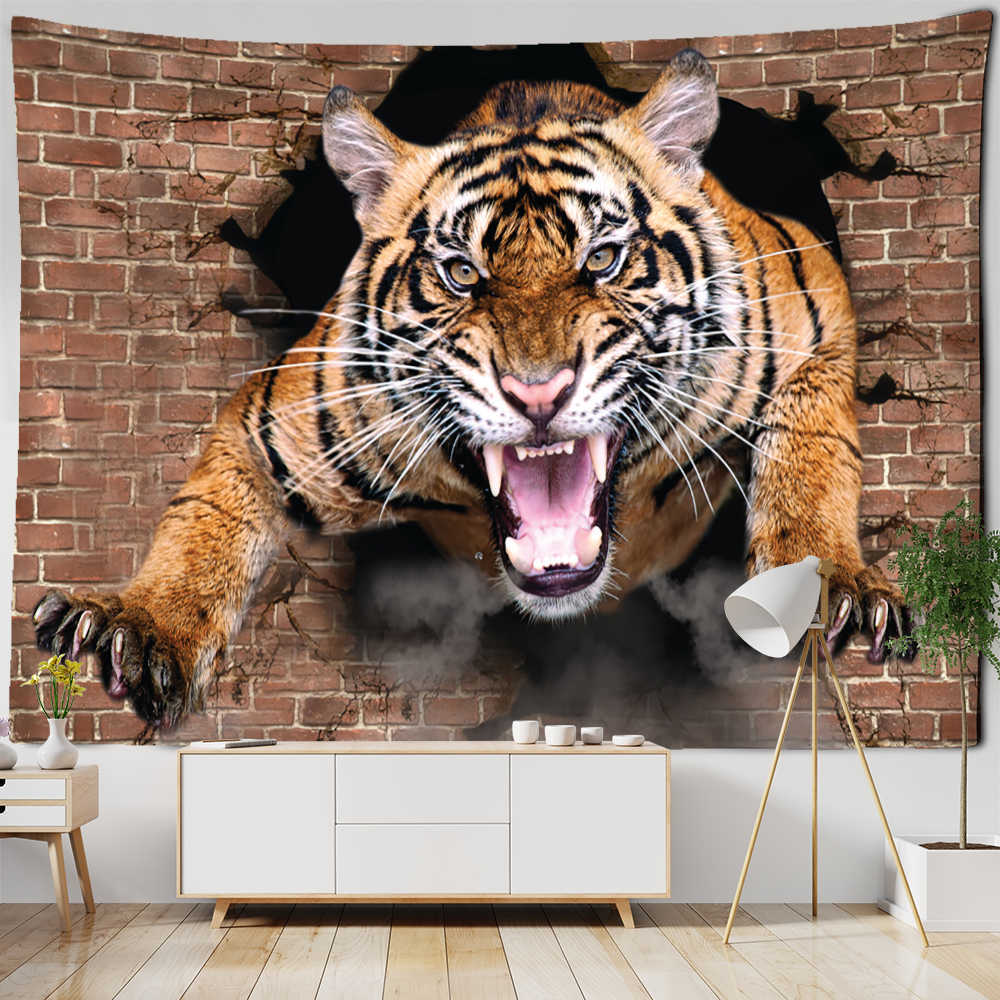 Tapisserier Ferocious Tiger Tapestry Wall Hanging Hippie Tapiz Boho Style Psychedelic Art Dormitory Wall Bakgrund Dekor Tyg