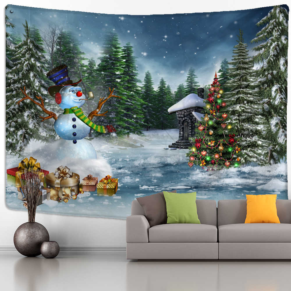 Tapisseries Arbre de Noël Bonhomme de neige Tapisserie Tenture murale Scène de neige naturelle Dessin animé Peinture à l'huile Esthétique Chambre Hippie Décor à la maison