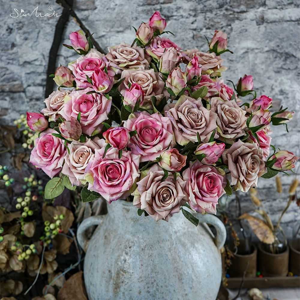 Ghirlande di fiori decorativi SunMade 2 teste Grande arricciatura Ramo di fiori di rosa Fiori bianchi Decorazione di nozze Decorazioni di Capodanno Flores Artificales Autunno T230217