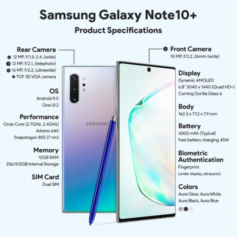 Yenilenmiş Orijinal Samsung Galaxy Note10 Plus N975U Sclocked Cep Telefonu Sekiz Çekirdeği 12GB/256GB ROM 6.8 inç 4G LTE Dinamik AMOLED