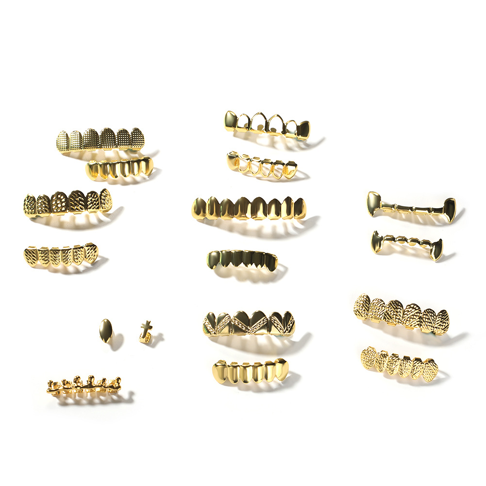 Męskie złote zęby Grillz zestaw modna biżuteria hip-hopowa wysokiej jakości osiem 8 górnych zębów sześć 6 dolnych grilli