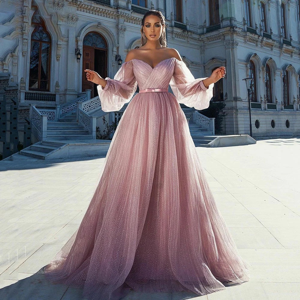 New Arrival Pink Tulle A-Line Prom Dress Off Shoulder Long Sleeves Evening Dresses Party Formal Dress Evening Gowns