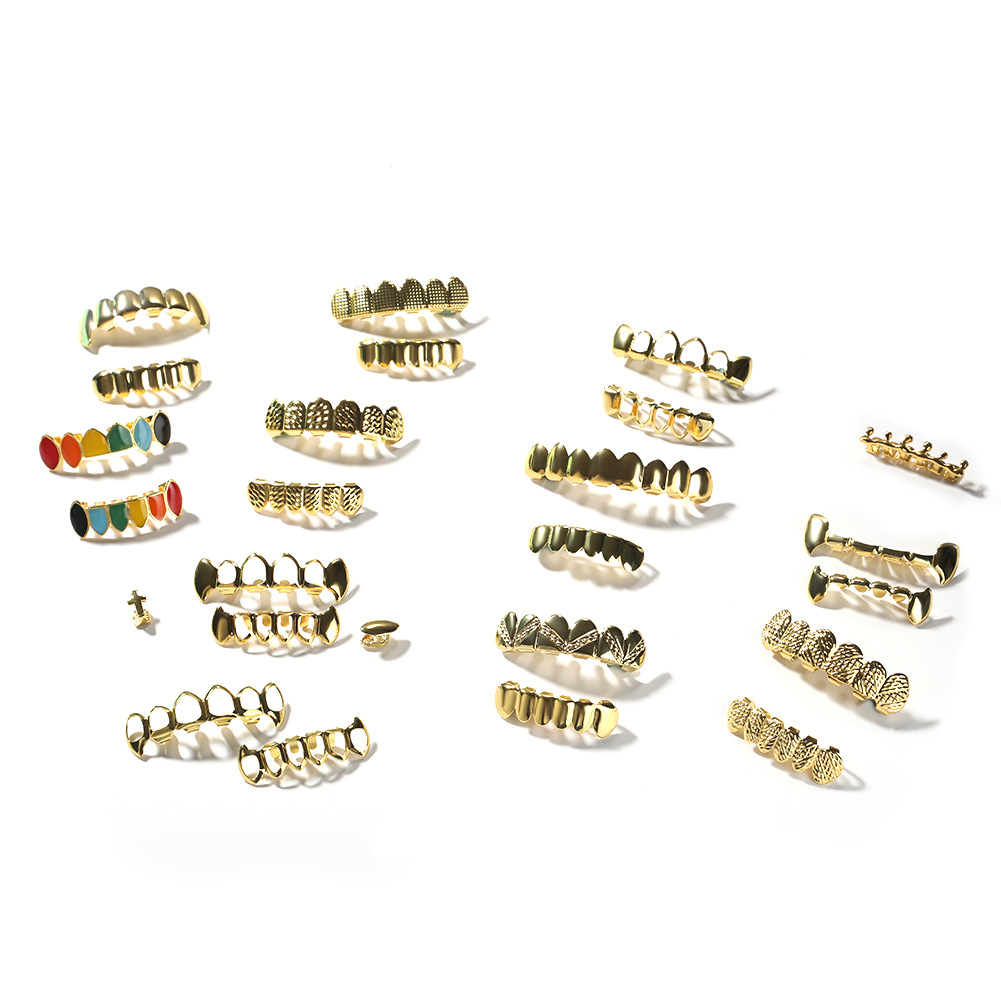 Mens Gold Grillz Teeth Set Fashion Hip Hop Jewelry High Quality Eight 8 Top Tooth & Six 6 Bottom Grills