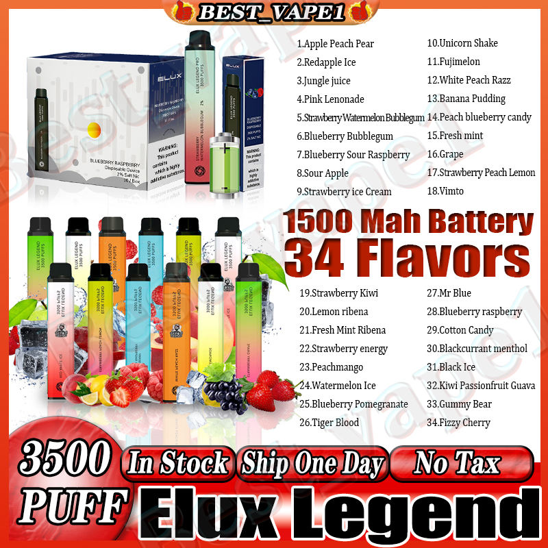 Elux Legend 3500 Puffs Wegwerp E Sigaretten Vape Pen 1500mAh Batterijverdamperstickstickdamp Kit 2% 10 ml Cartridge -apparaat in het VK Groothandel 34 SMAAppen