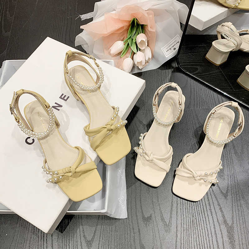 SDWK 4cm Pearl Sandals Women Summer Fairy Style Fashion Square Toe String Bead Party Wedding High Heels Mid Heel Woman Shoes 0220