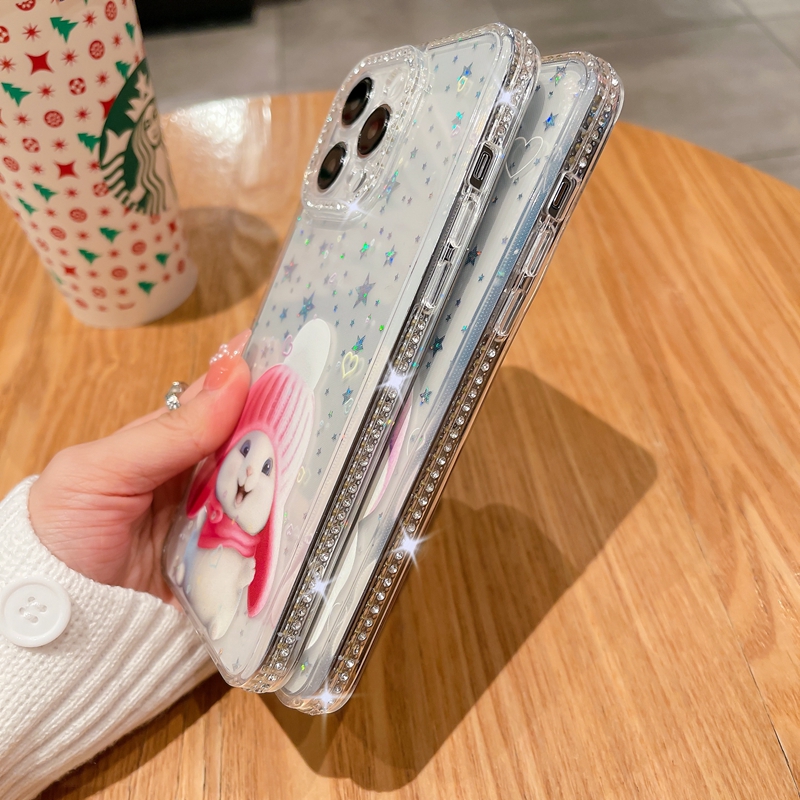 かわいいウサギブリンブリンダイヤモンドケース Iphone 14 プラスプロマックス 13 12 11 高級ソフト TPU ブリンブリンラインストーングリッタースターシャイニー星空細かい穴クリアゲル電話バックスキン