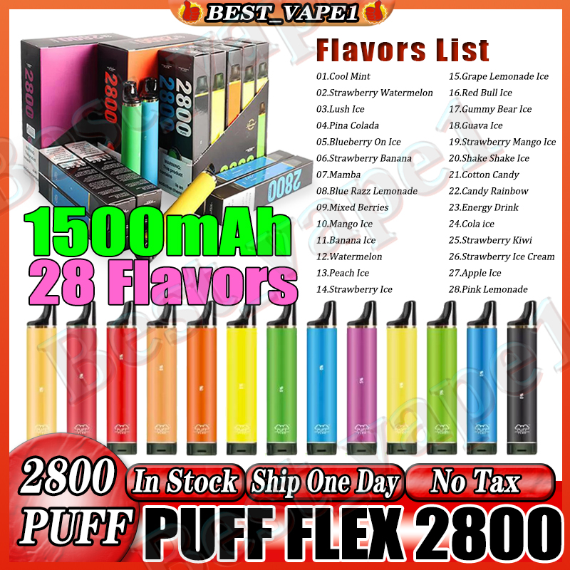 Cigarros eletrônicos descartáveis ​​do Puff Flex 2800 Puffs Vape Pen Dispositivo de 10 ml 1500mAh Bateria 28 sabores 2% 5% sem imposto